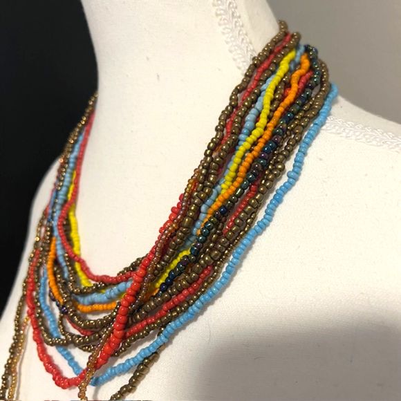 Multi Strand Seed Beads Necklace Multicolored Cascade Ethnic Boho Necklace - Picture 6 of 9